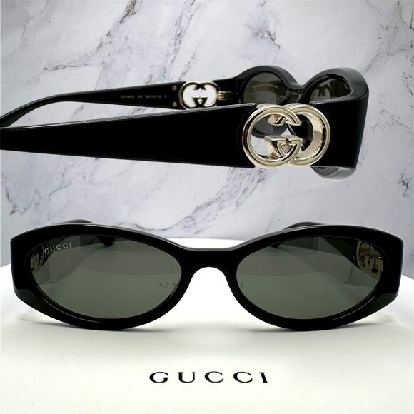 New Gucci Sunglasses Hailey Bieber Collaboration Black Slim Oval Gold GG Logo - Picture 10 of 16